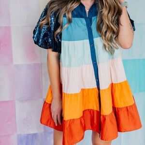 ✨️Queen Of Sparkles✨️Colorblock Tiered Button-Front Mini Dress - Multicolor